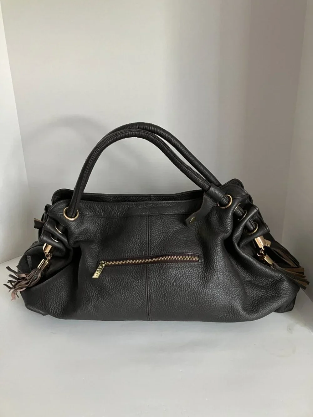 APC XL Brown Pebble Grain Leather Hobo Bag Zippers Pockets